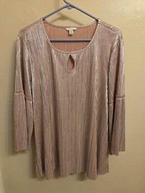 Est. 1946 Metallic Rose Gold Plissé Top 14/16W Bell Sleeve Tunic Glitz & Glam